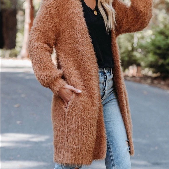 Vici Handful Pocketed Fuzzy Cardigan in Cream/Beige - Picture 2 of 5